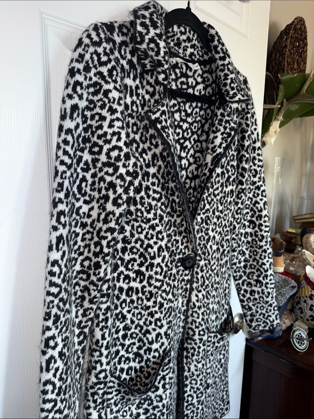 Vtg Rickies Leopard-Print Knit Cardigan Jacket - Black & White Sm GUC